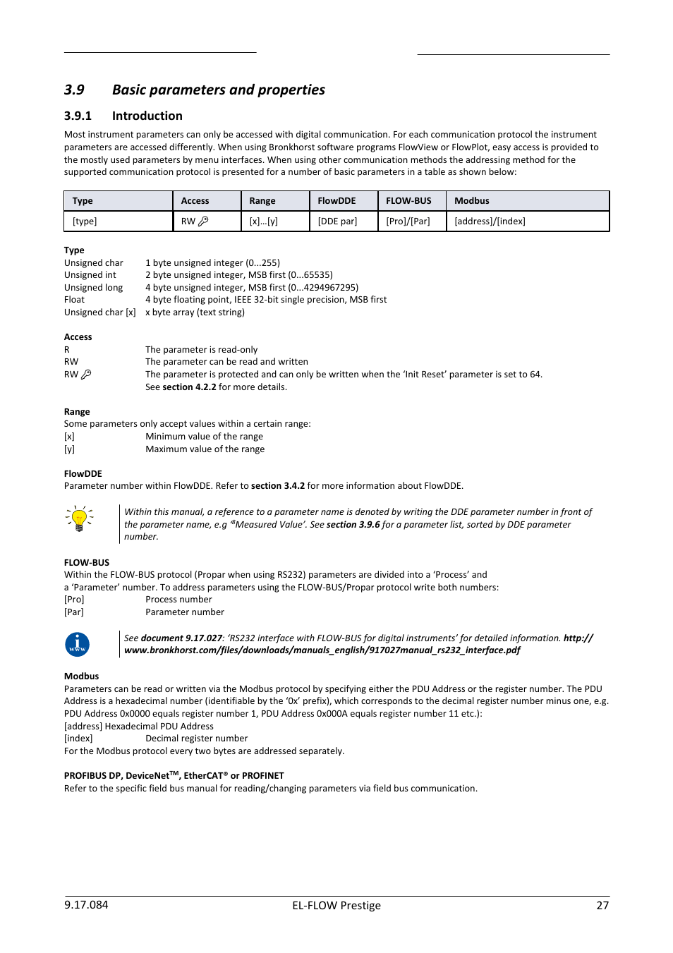 Basic parameters and properties, Introduction, 9 basic parameters and properties | 1 introduction | Bronkhorst EL-FLOW Prestige User Manual | Page 27 / 49