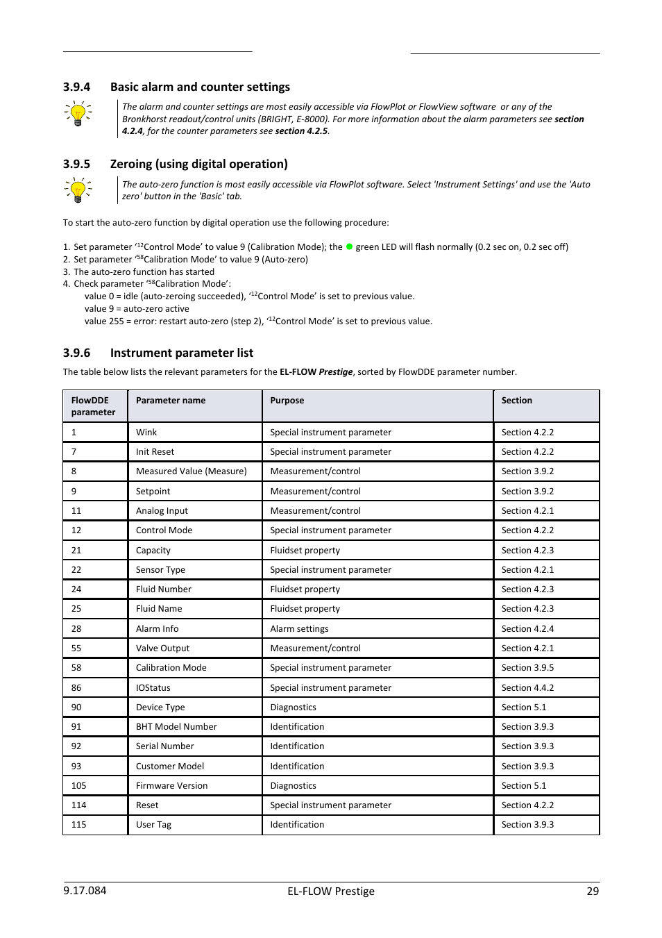 Basic alarm and counter settings, Zeroing (using digital operation), Instrument parameter list | 4 basic alarm and counter settings, 5 zeroing (using digital operation), 6 instrument parameter list | Bronkhorst EL-FLOW Prestige User Manual | Page 29 / 49