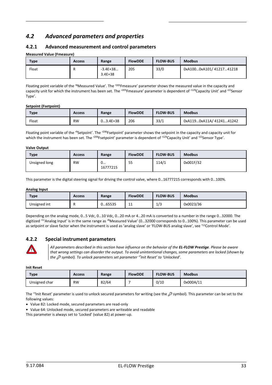 Advanced parameters and properties, Advanced measurement and control parameters, Special instrument parameters | 2 advanced parameters and properties, 1 advanced measurement and control parameters, 2 special instrument parameters | Bronkhorst EL-FLOW Prestige User Manual | Page 33 / 49