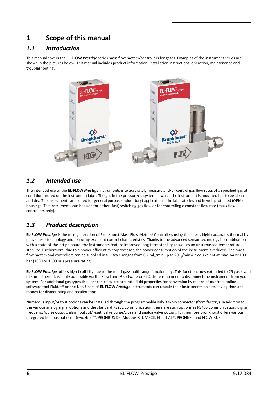 Scope of this manual, Introduction, Intended use | Product description, 1scope of this manual, 1 introduction, 2 intended use, 3 product description | Bronkhorst EL-FLOW Prestige User Manual | Page 6 / 49
