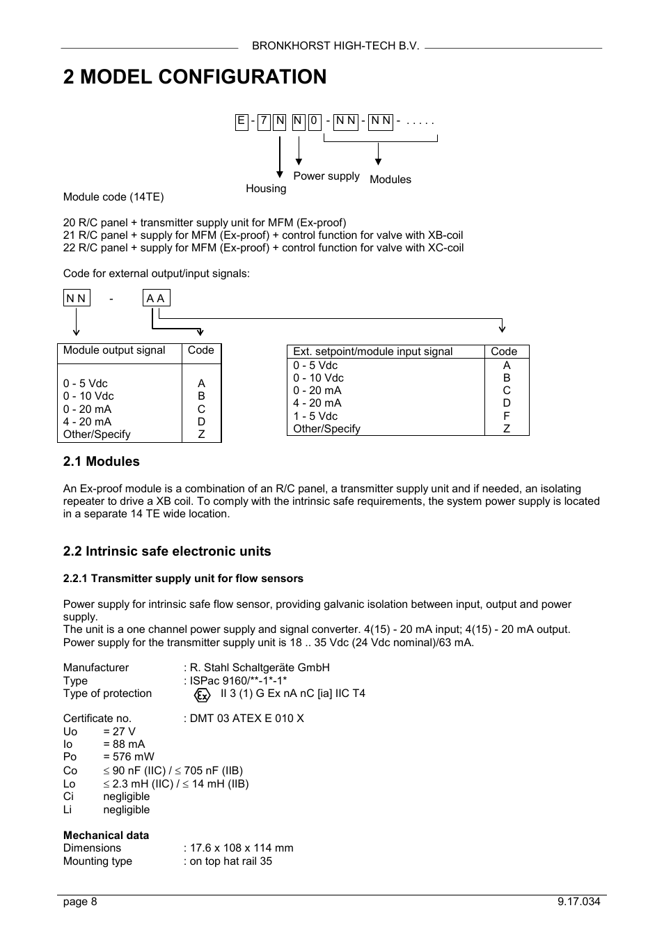 2 model configuration, 1 modules, 2 intrinsic safe electronic units | Bronkhorst R Modules for Ex-proof applications User Manual | Page 8 / 16