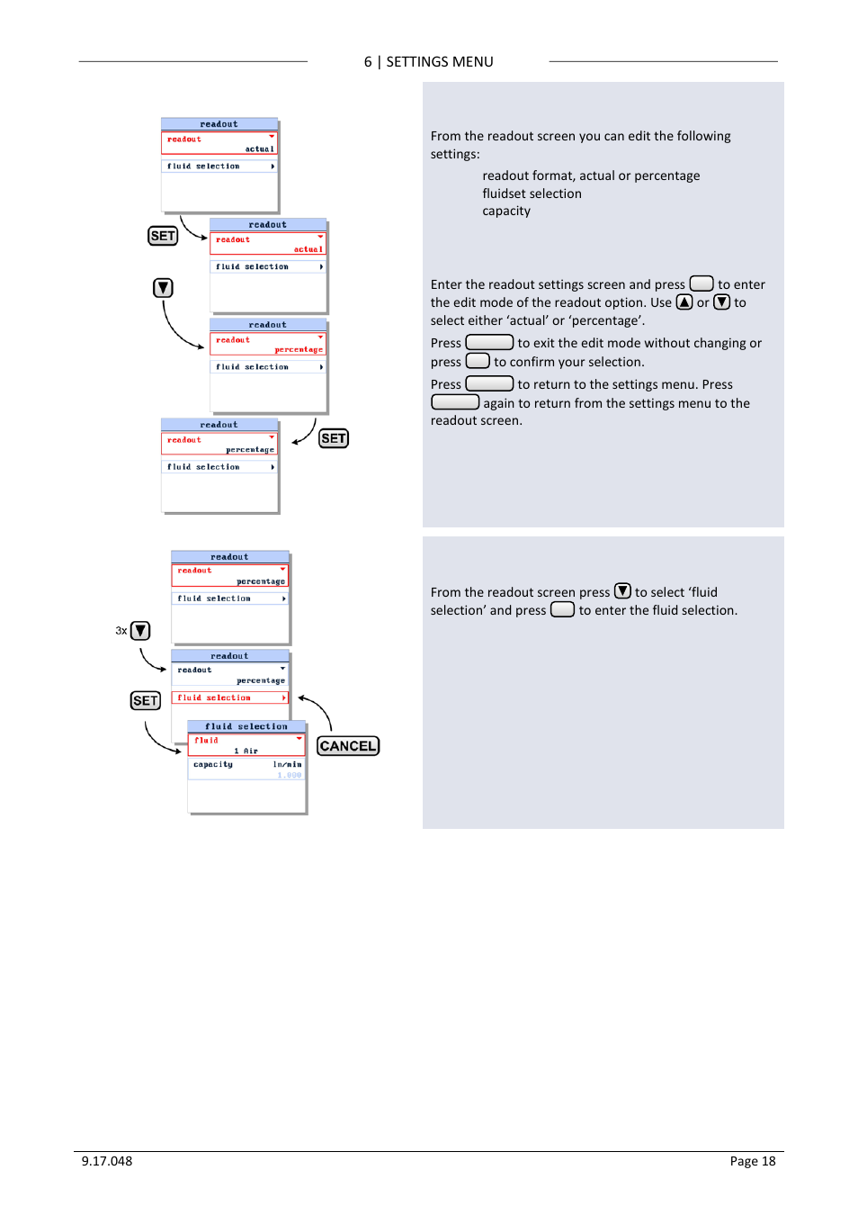 1 readout screen, 2 readout format, 3 fluidset selection | Readout screen, Readout format, Fluidset selection | Bronkhorst BRIGHT (V2.00 and higher) User Manual | Page 18 / 40