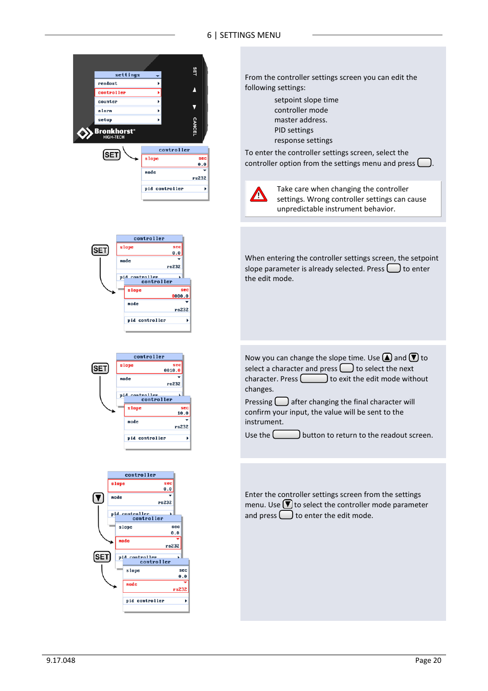 5 controller settings screen, 6 setpoint slope, 7 controller mode | Controller settings screen, Setpoint slope, Controller mode | Bronkhorst BRIGHT (V2.00 and higher) User Manual | Page 20 / 40