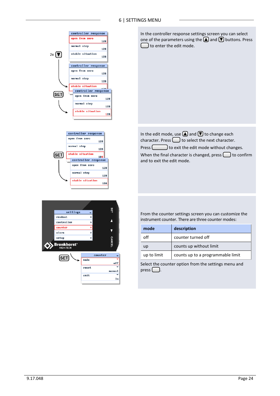 11 counter settings screen, Counter settings screen | Bronkhorst BRIGHT (V2.00 and higher) User Manual | Page 24 / 40