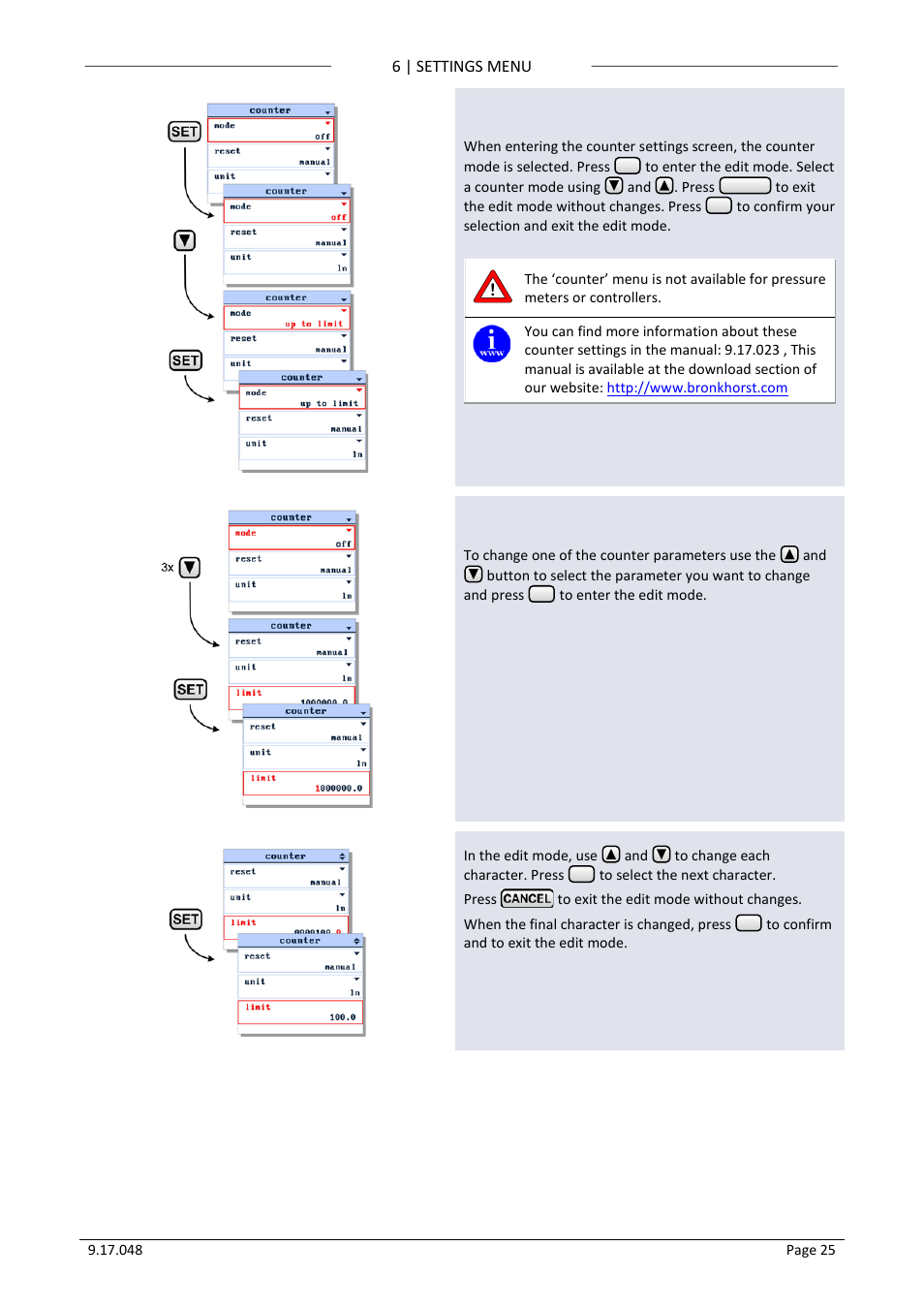 12 set counter mode, 13 set counter parameters, Set counter mode | Set counter parameters | Bronkhorst BRIGHT (V2.00 and higher) User Manual | Page 25 / 40