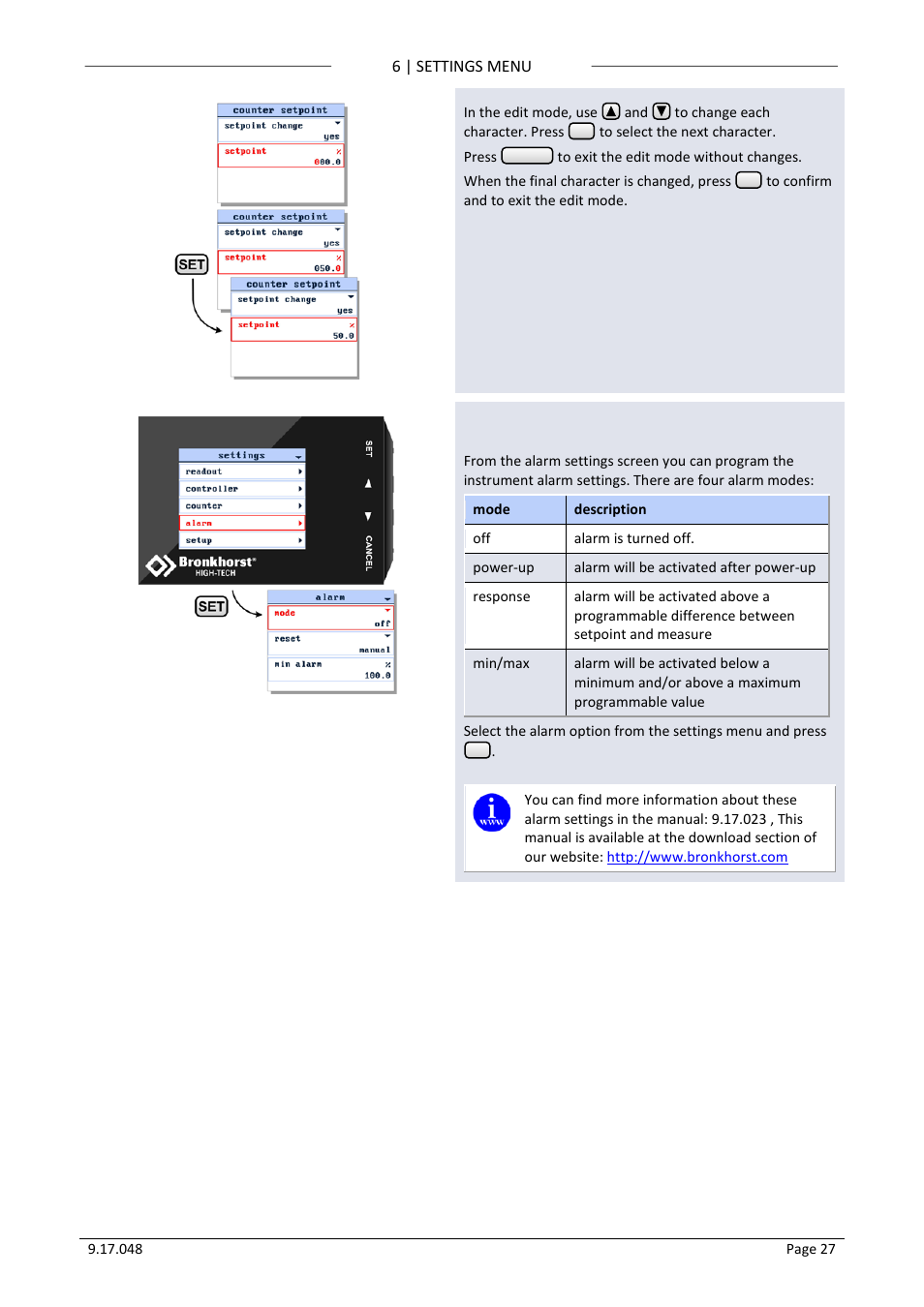 15 alarm settings screen, Alarm settings screen | Bronkhorst BRIGHT (V2.00 and higher) User Manual | Page 27 / 40