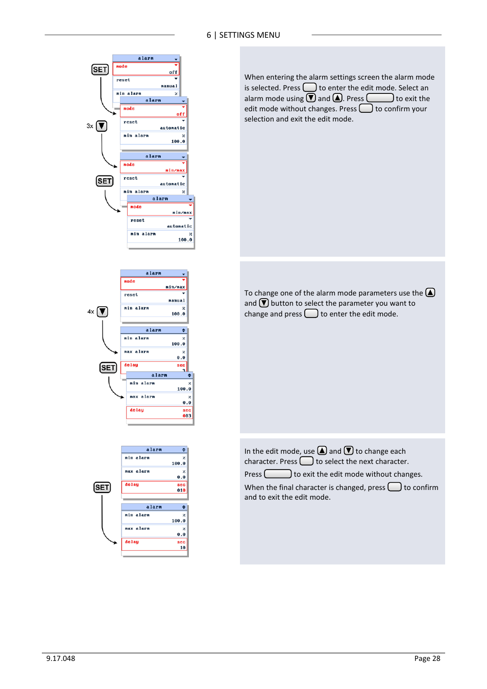 16 set alarm mode, 17 set alarm mode parameters, Set alarm mode | Set alarm mode parameters | Bronkhorst BRIGHT (V2.00 and higher) User Manual | Page 28 / 40