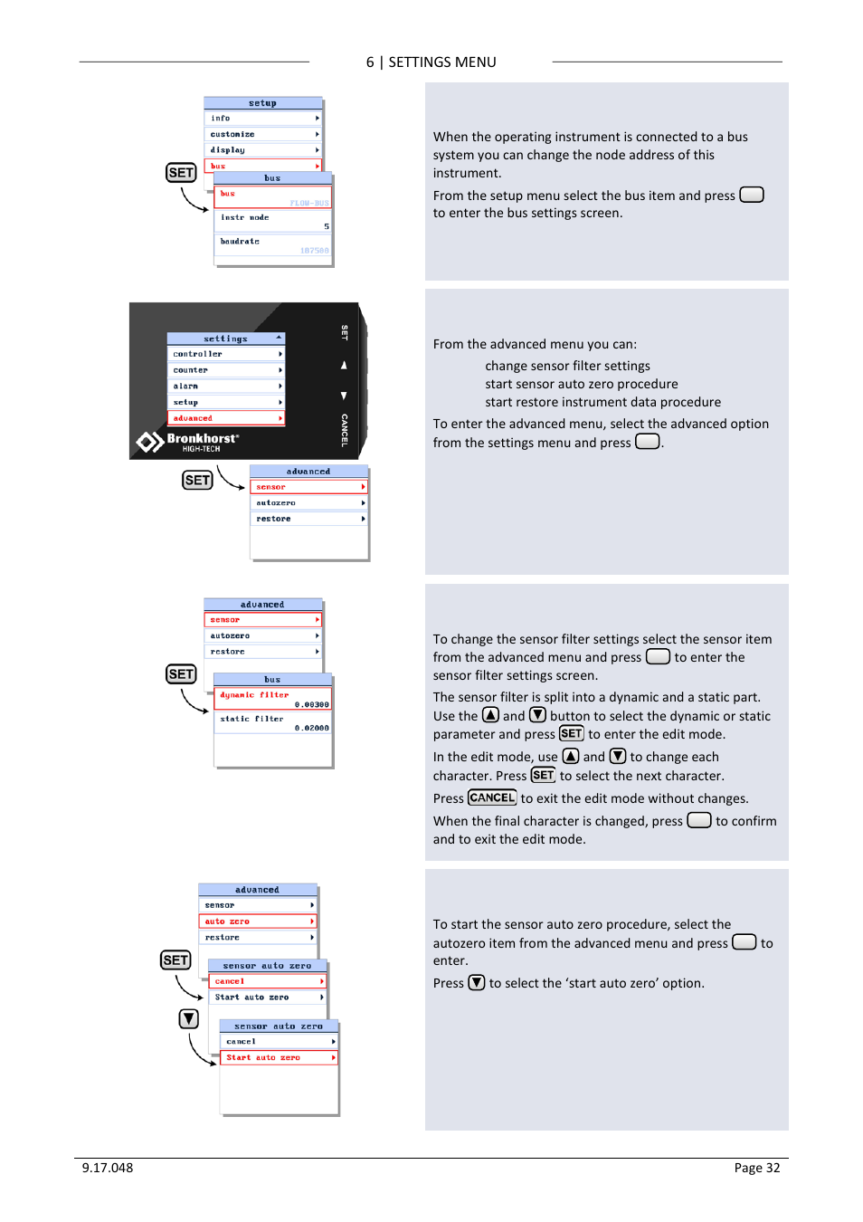 24 bus settings, 25 advanced menu, 26 sensor filter settings | 27 sensor auto zero, Bus settings, Advanced menu, Sensor filter settings, Sensor auto zero | Bronkhorst BRIGHT (V2.00 and higher) User Manual | Page 32 / 40