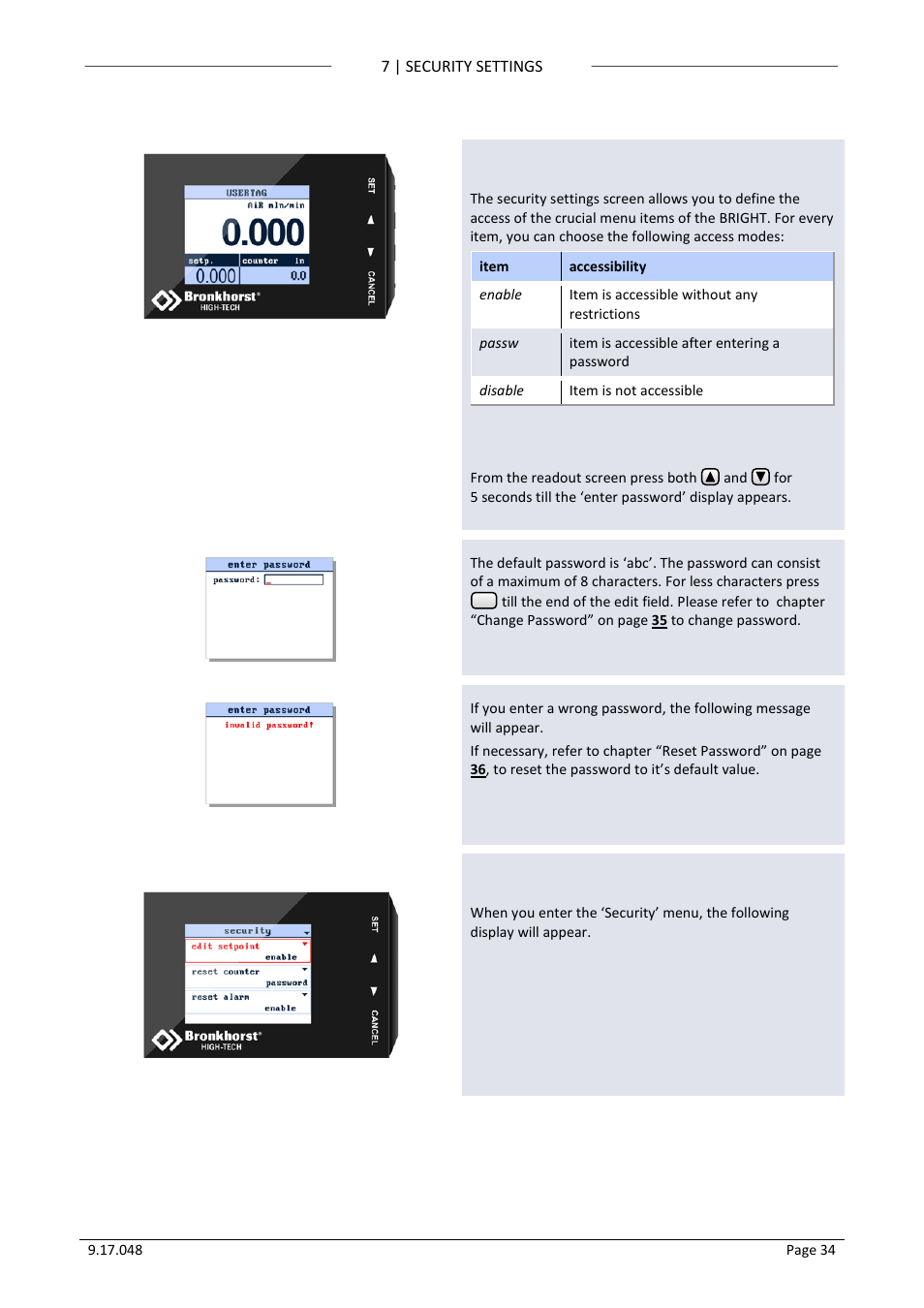 1 security modes, 2 enter the security settings screen, 3 security items | 7 security settings, Security settings, Security modes, Enter the security settings screen, Security items | Bronkhorst BRIGHT (V2.00 and higher) User Manual | Page 34 / 40