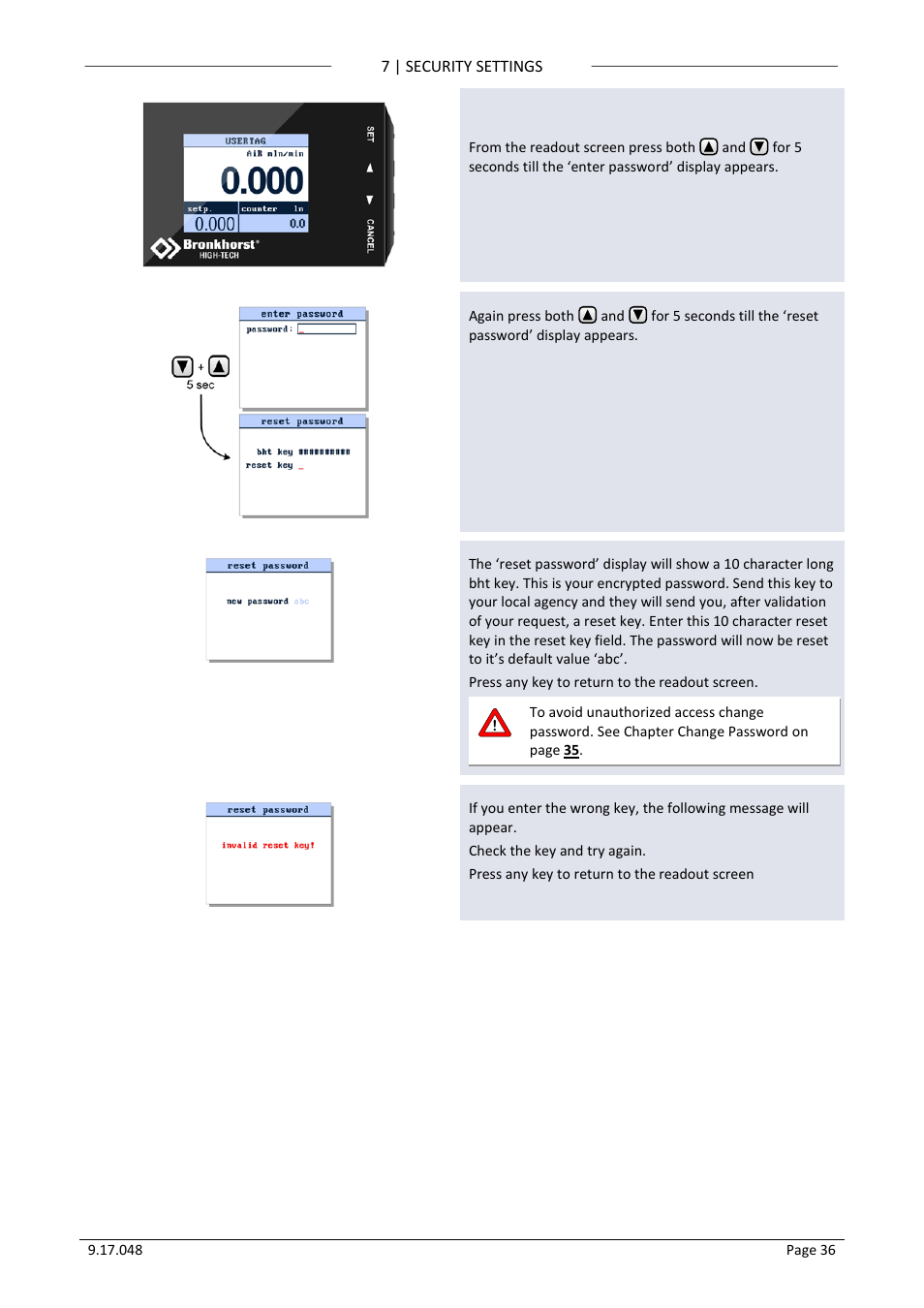 5 reset password, Reset password | Bronkhorst BRIGHT (V2.00 and higher) User Manual | Page 36 / 40