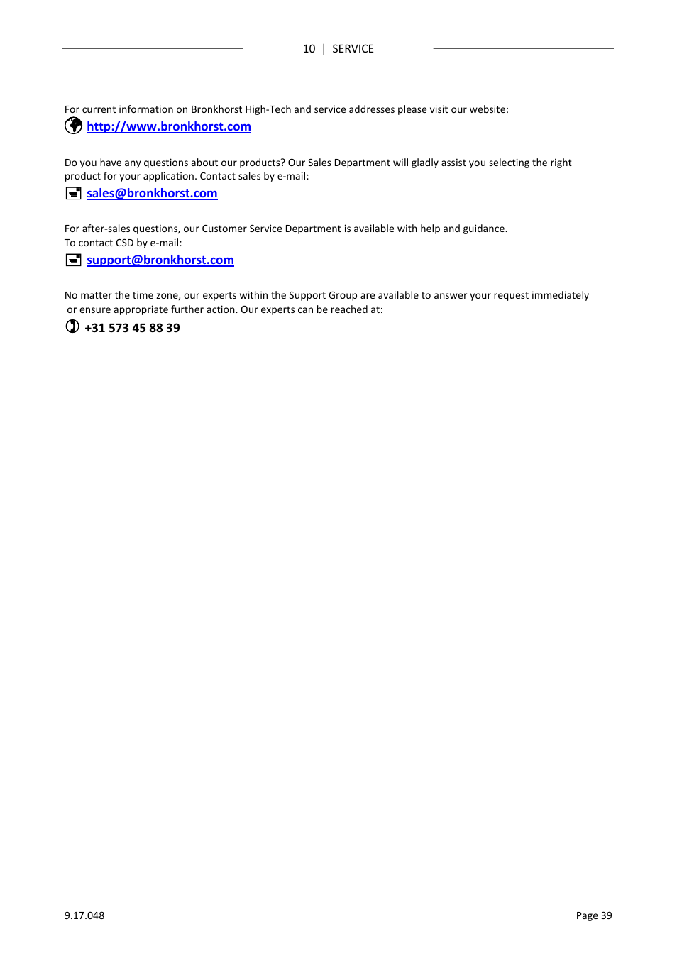 10 service, Service | Bronkhorst BRIGHT (V2.00 and higher) User Manual | Page 39 / 40