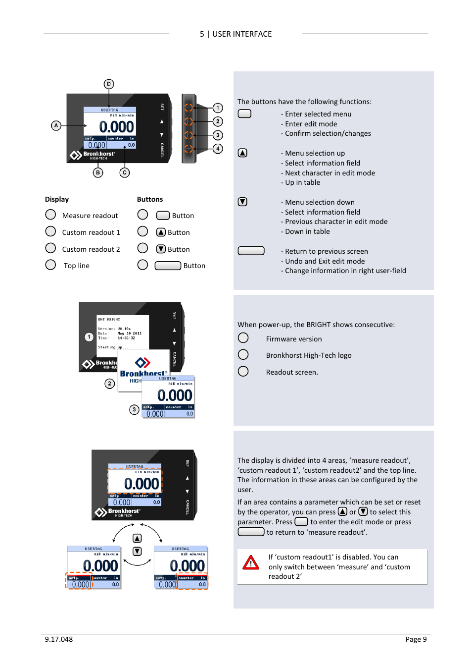 5 user interface, 1 buttons, 2 power-up | 3 display, User interface, Buttons, Power-up, Display | Bronkhorst BRIGHT (V2.00 and higher) User Manual | Page 9 / 40