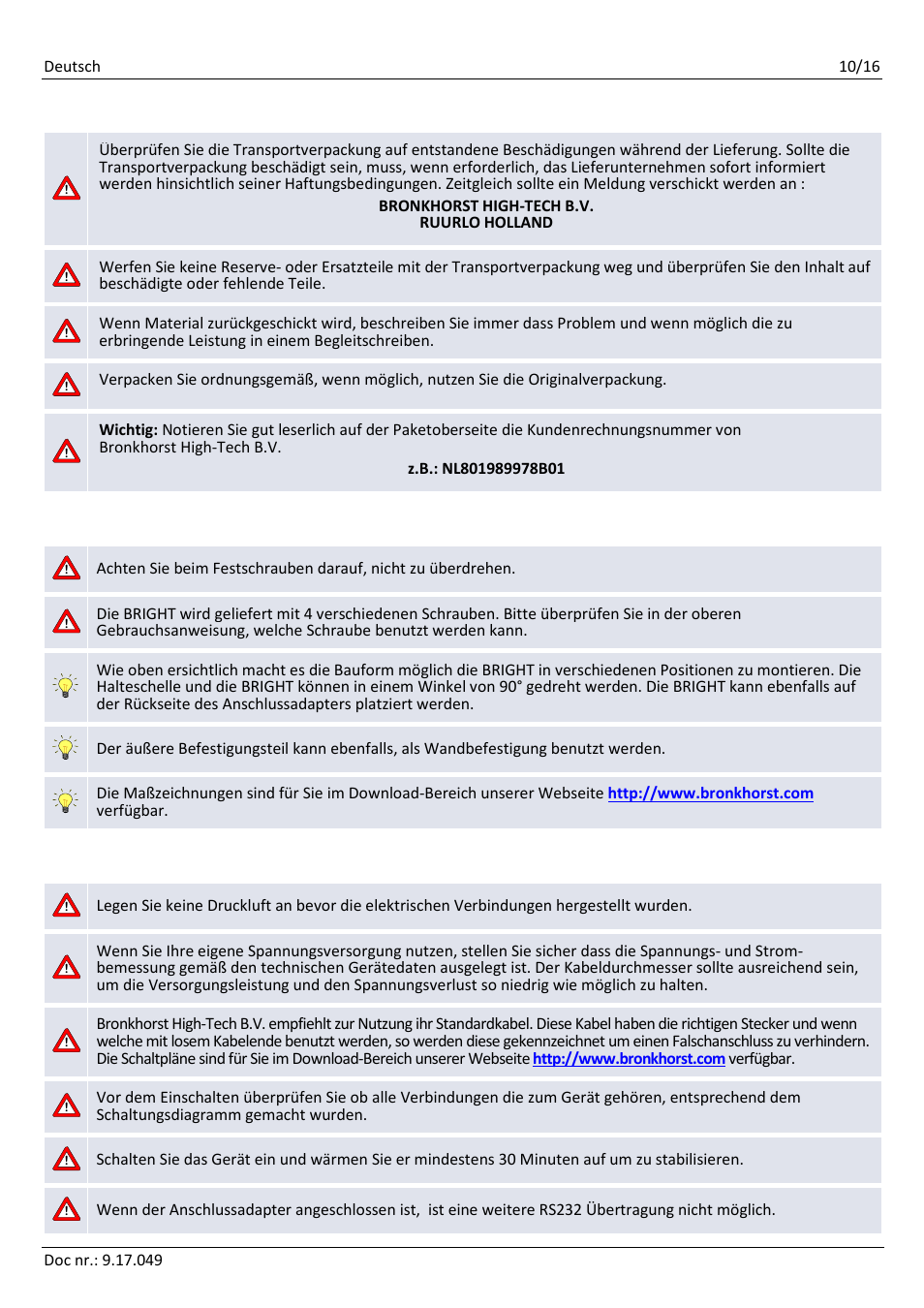 Auspacken (seite 2), Montage (seite 3), Anschlüsse (seite 3) | Auspacken, Montage, Anschlüsse | Bronkhorst BRIGHT User Manual | Page 10 / 16