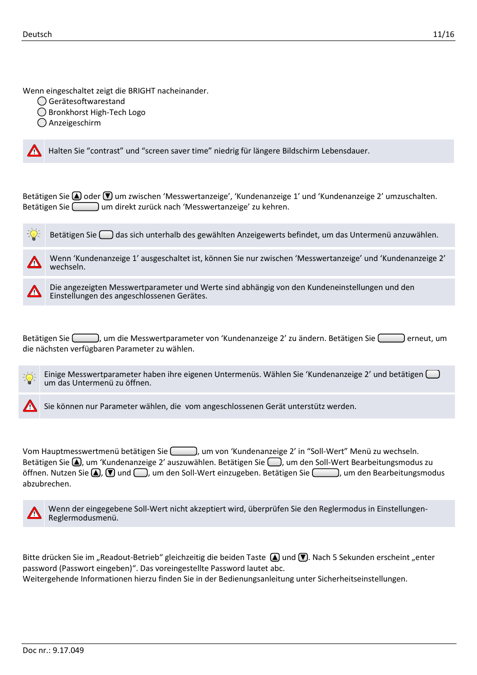 Betriebsmodus, Inbetriebnahme (seite 4), Readout » auswählen (seite 4) | Wechsel « custom readout 2 » (seite 4), Soll-wert bearbeiten (seite 4), Zugang zu den sicherheitseinstellungen, Inbetriebnahme, Readout » auswählen, Wechsel « custom readout 2, Soll-wert bearbeiten | Bronkhorst BRIGHT User Manual | Page 11 / 16