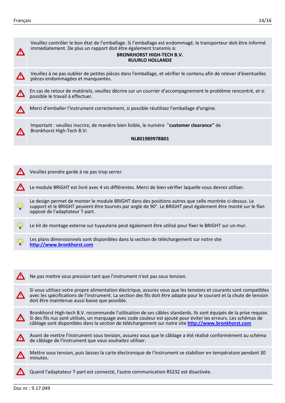 Déballage, Montage, Raccordement | Bronkhorst BRIGHT User Manual | Page 14 / 16