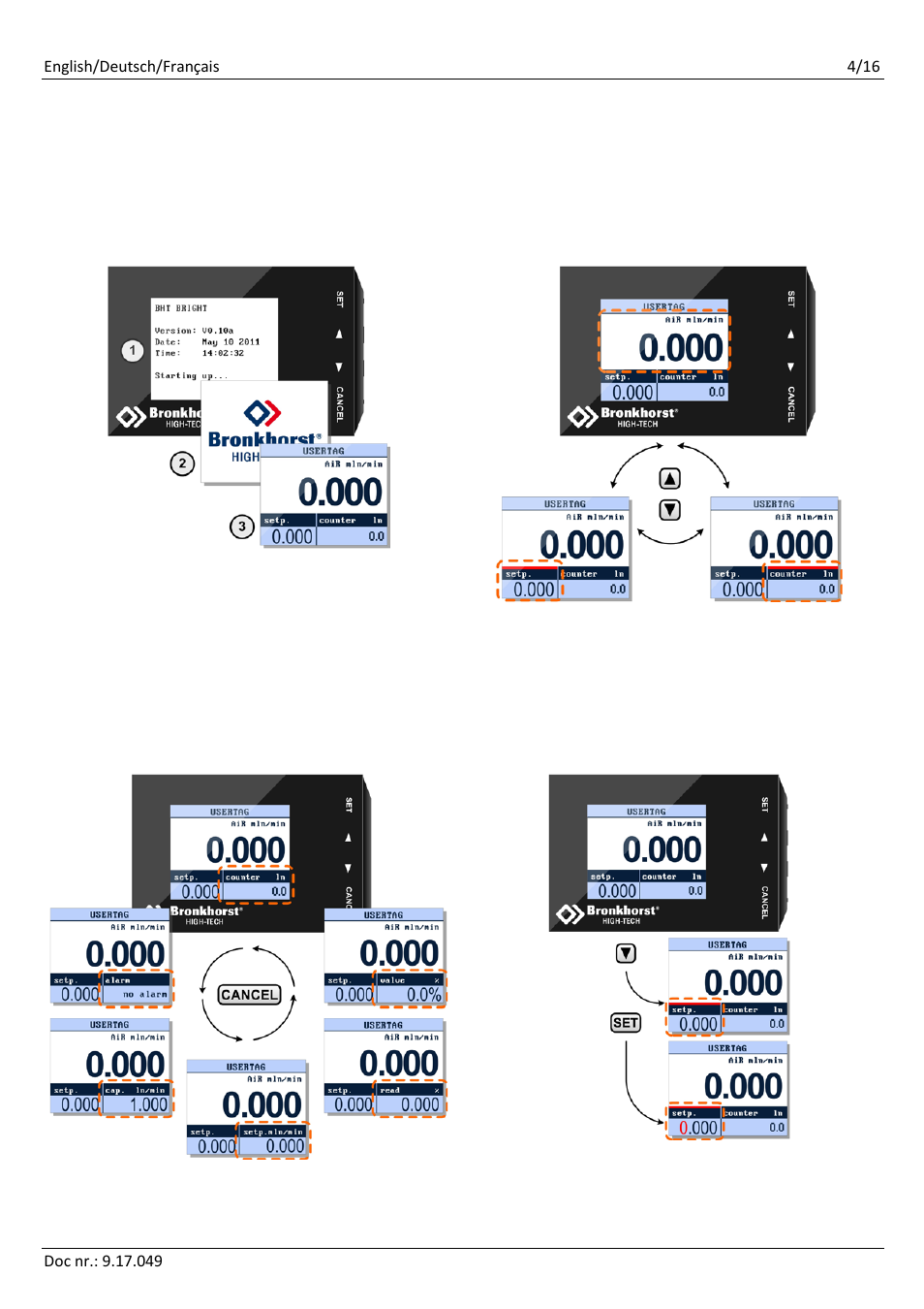 Operating/betriebsmodus/utilisation, Start upinbetriebnahmedémarrer, Start up inbetriebnahme démarrer | Bronkhorst BRIGHT User Manual | Page 4 / 16