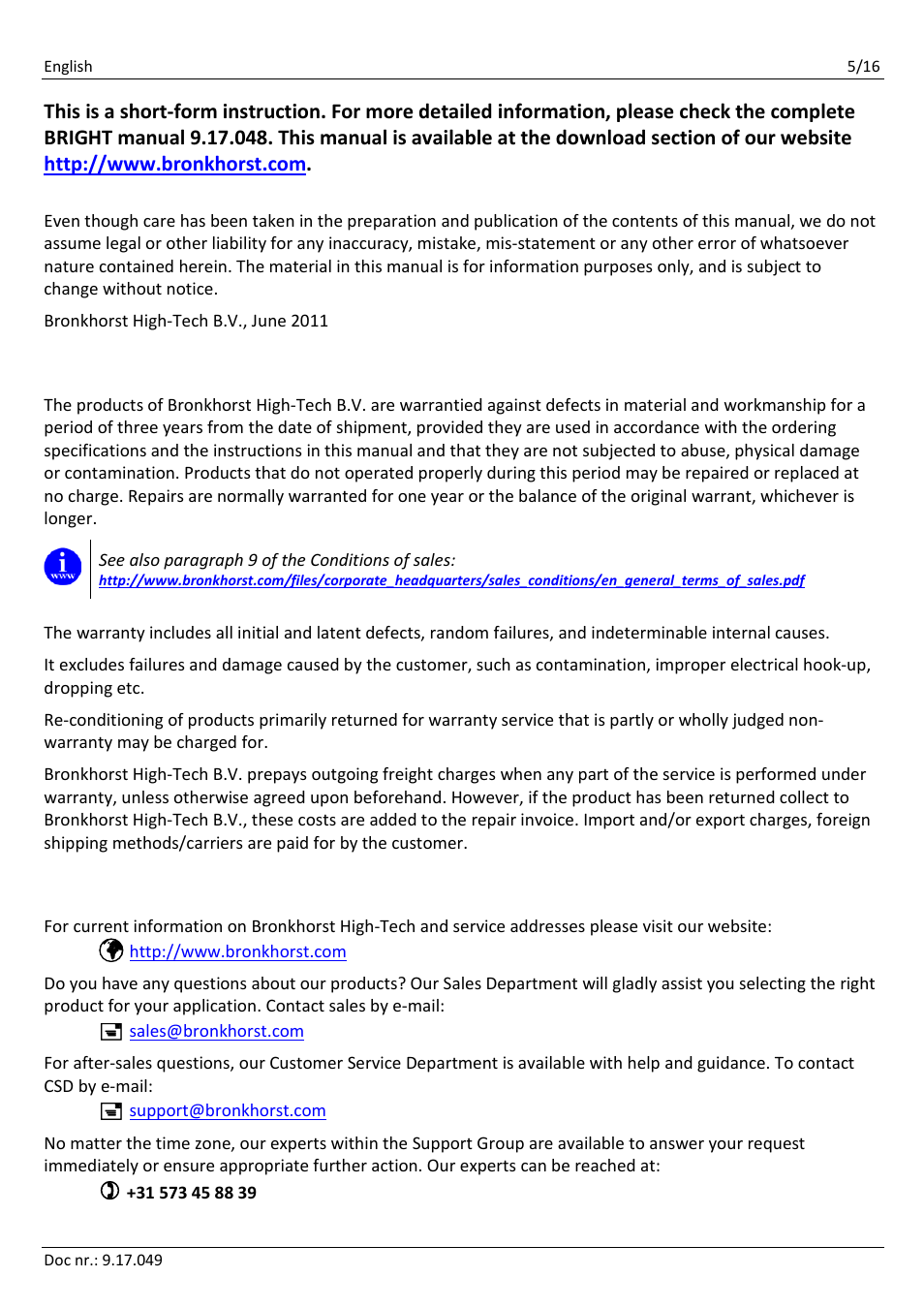 Warranty, Service | Bronkhorst BRIGHT User Manual | Page 5 / 16
