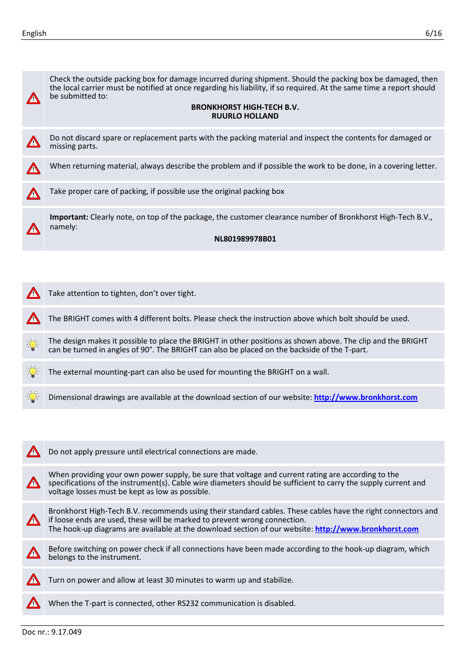 Unpacking, Mounting, Connection | Bronkhorst BRIGHT User Manual | Page 6 / 16