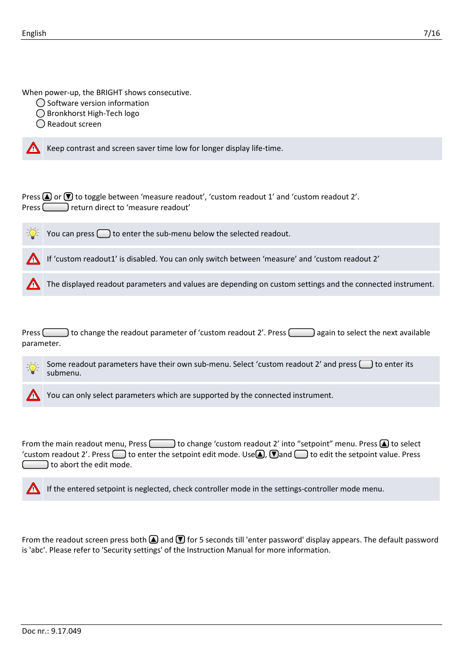 Operating, Enter the security settings, Start up | Select « readout, Change « custom readout 2, Edit setpoint | Bronkhorst BRIGHT User Manual | Page 7 / 16