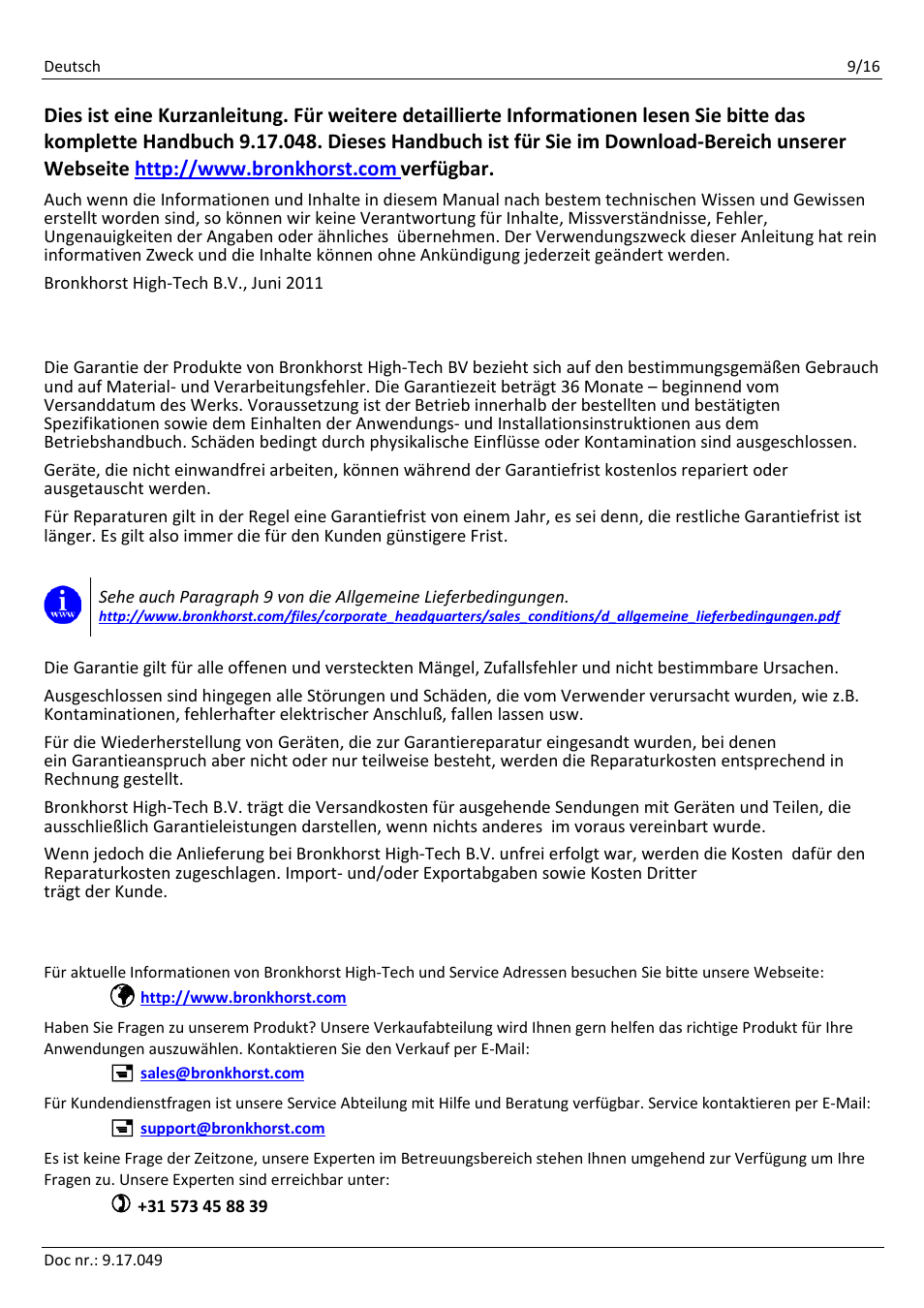 Garantie-bedingungen, Service | Bronkhorst BRIGHT User Manual | Page 9 / 16