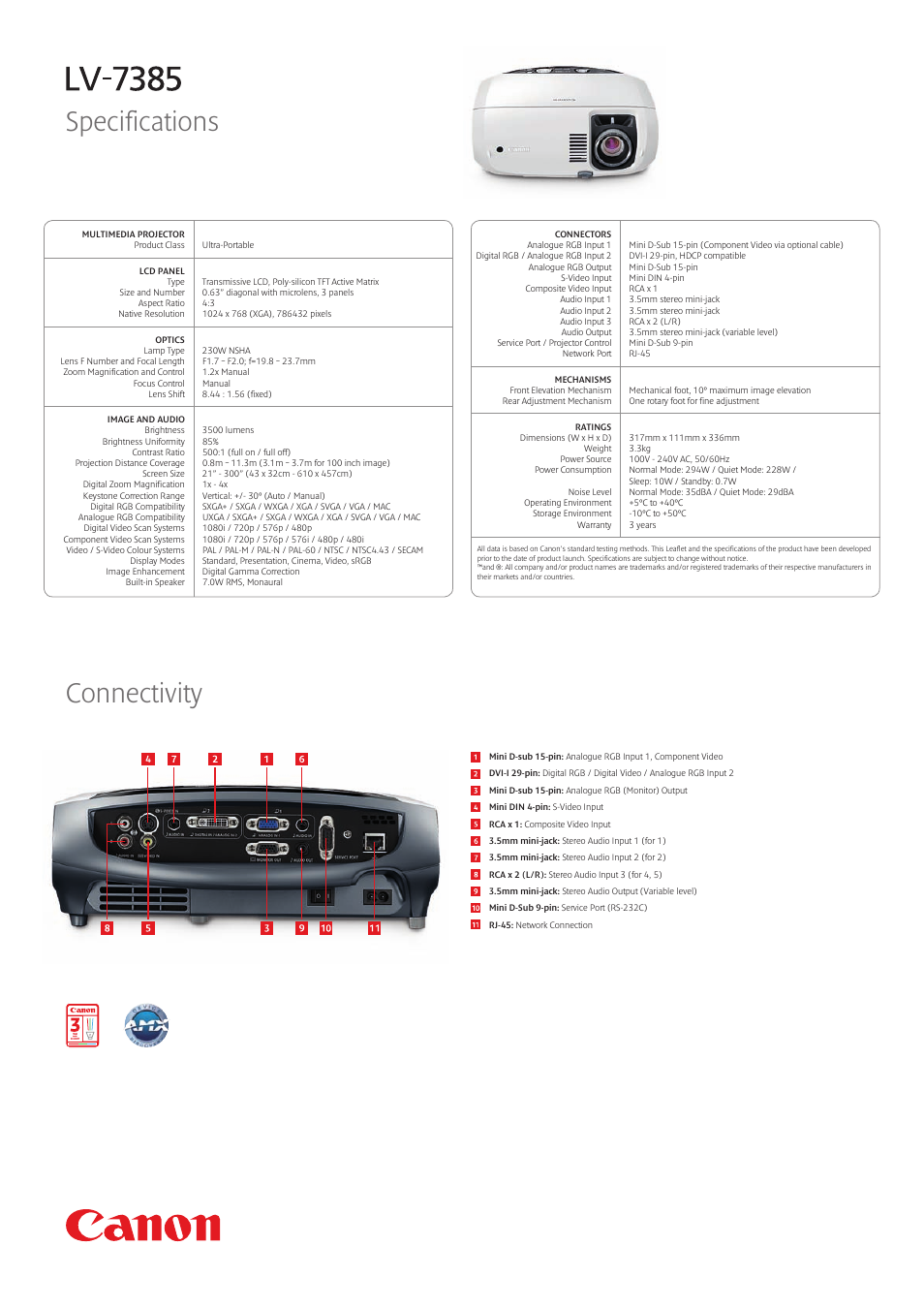 Specifications connectivity | Canon compact XGA projector LV-7385 User Manual | Page 2 / 2