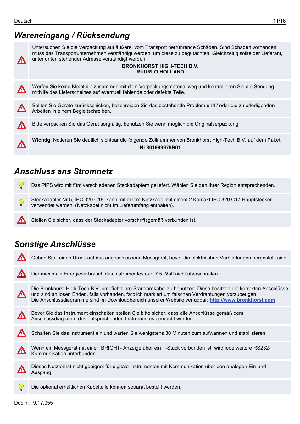 Wareneingang / rücksendung, Anschluss ans stromnetz, Sonstige anschlüsse | Bronkhorst PiPS User Manual | Page 11 / 16
