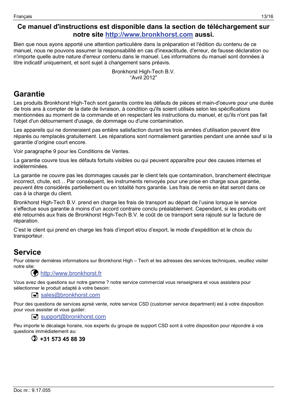 Garantie, Service | Bronkhorst PiPS User Manual | Page 13 / 16