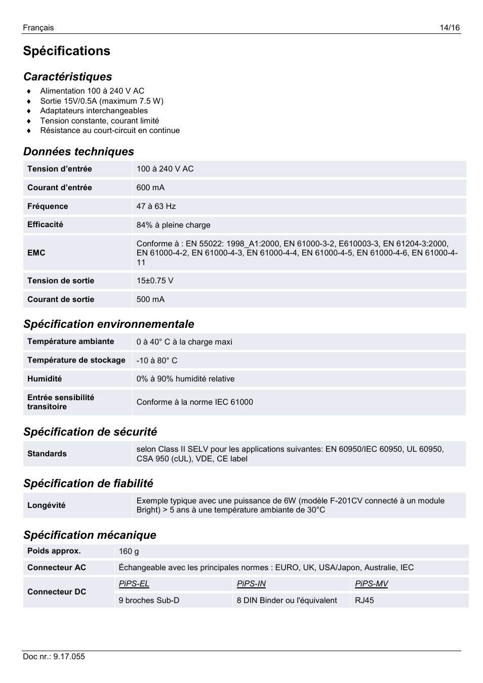 Spécifications, Caractéristiques, Données techniques | Spécification environnementale, Spécification de sécurité, Spécification de fiabilité, Spécification mécanique | Bronkhorst PiPS User Manual | Page 14 / 16