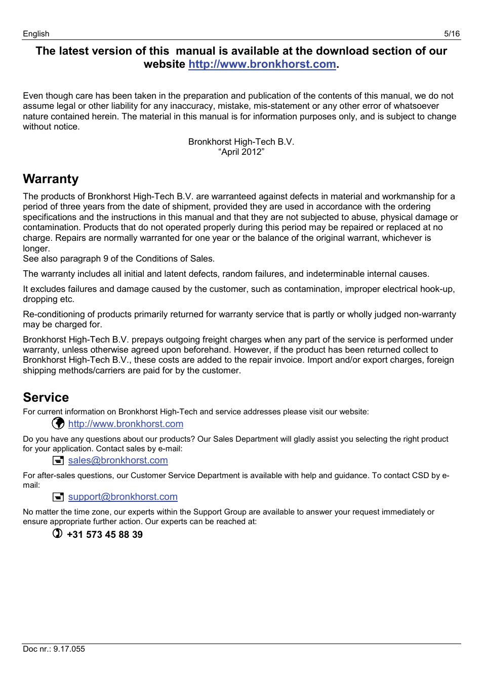 Warranty, Service | Bronkhorst PiPS User Manual | Page 5 / 16