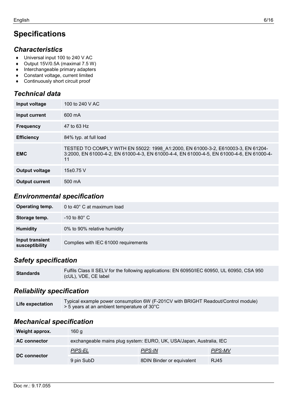 Specifications, Characteristics, Technical data | Environmental specification, Safety specification, Reliability specification, Mechanical specification | Bronkhorst PiPS User Manual | Page 6 / 16