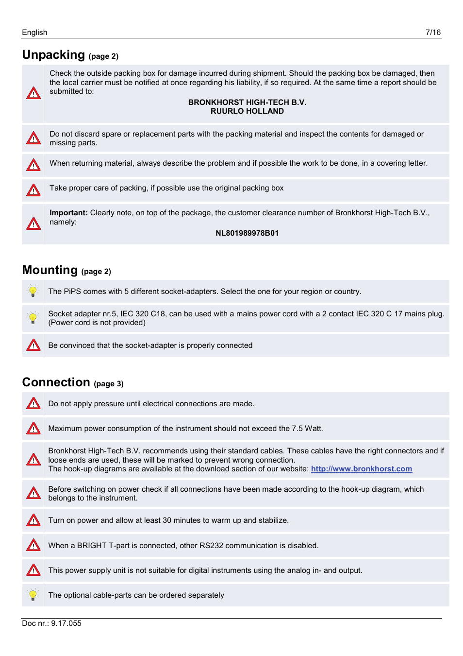 Unpacking, Mounting, Connection | Bronkhorst PiPS User Manual | Page 7 / 16
