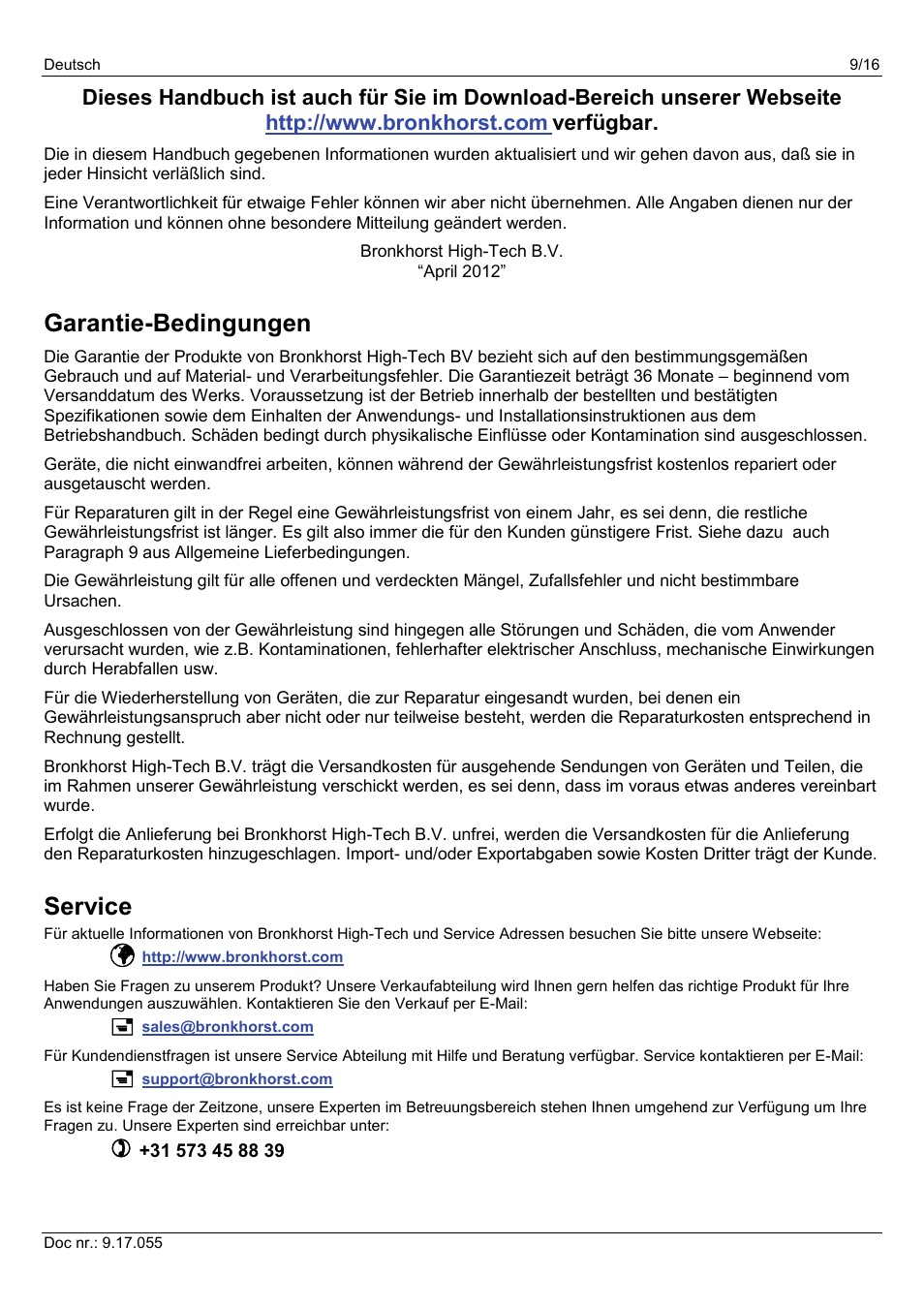 Garantie-bedingungen, Service, Verfügbar | Bronkhorst PiPS User Manual | Page 9 / 16