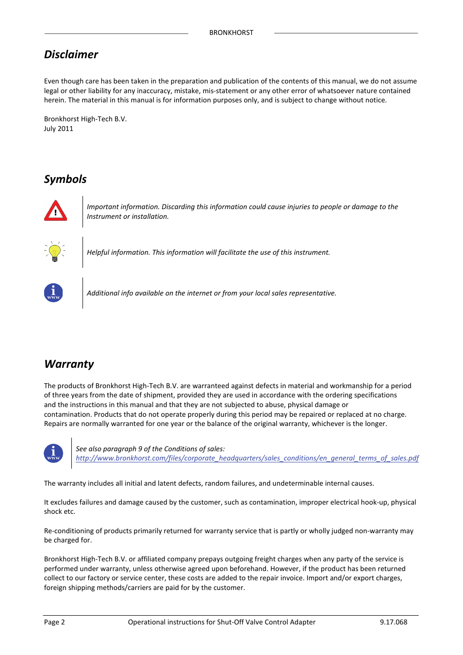 Disclaimer, Symbols, Warranty | Bronkhorst Shut-Off Valve Control Adapter User Manual | Page 2 / 7