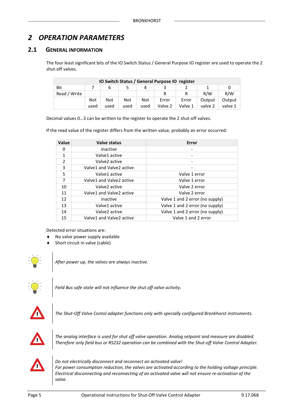 2 operation parameters, 1 general information, Eneral information | 2operation parameters | Bronkhorst Shut-Off Valve Control Adapter User Manual | Page 5 / 7