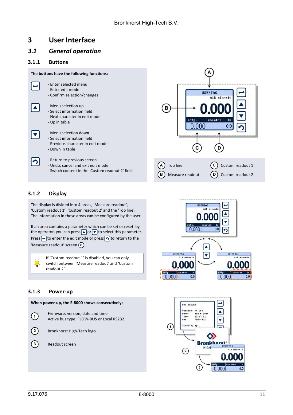 3 user interface, 1 general operation, 1 buttons | 2 display, 3 power-up, User interface, General operation, Buttons, Display, Power-up | Bronkhorst E-8000 User Manual | Page 11 / 44