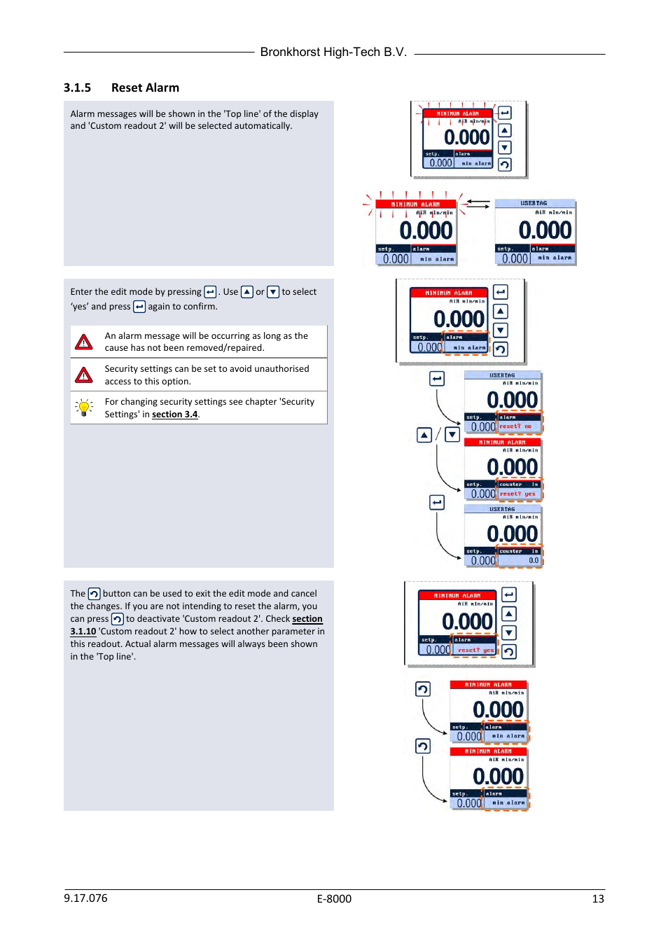 5 reset alarm, Reset alarm | Bronkhorst E-8000 User Manual | Page 13 / 44