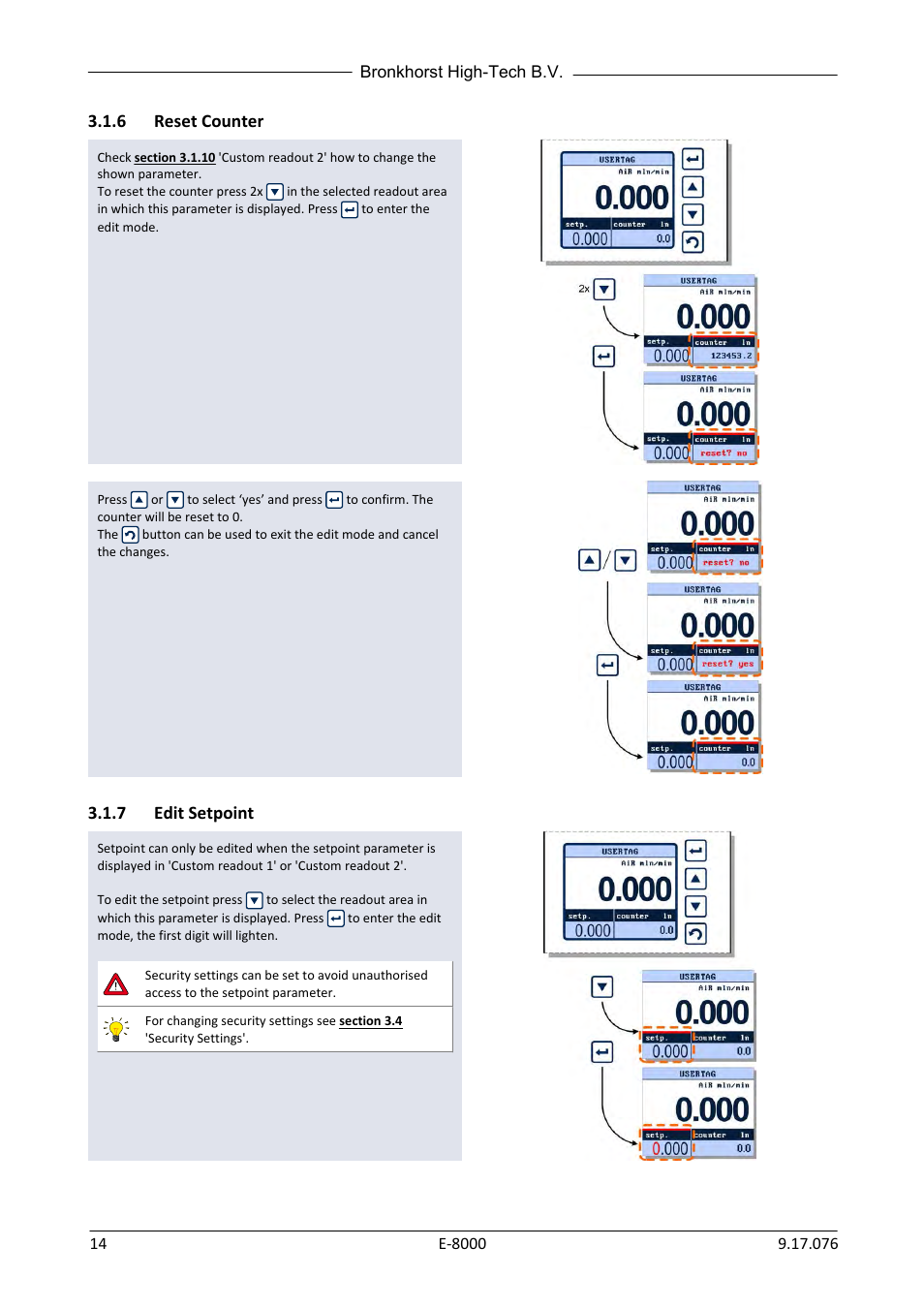 6 reset counter, 7 edit setpoint, Reset counter | Edit setpoint | Bronkhorst E-8000 User Manual | Page 14 / 44