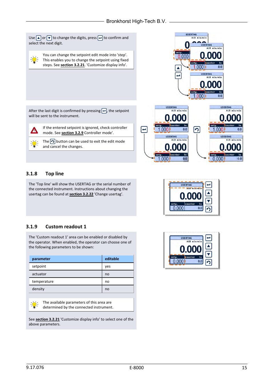8 top line, 9 custom readout 1, Top line | Custom readout 1 | Bronkhorst E-8000 User Manual | Page 15 / 44