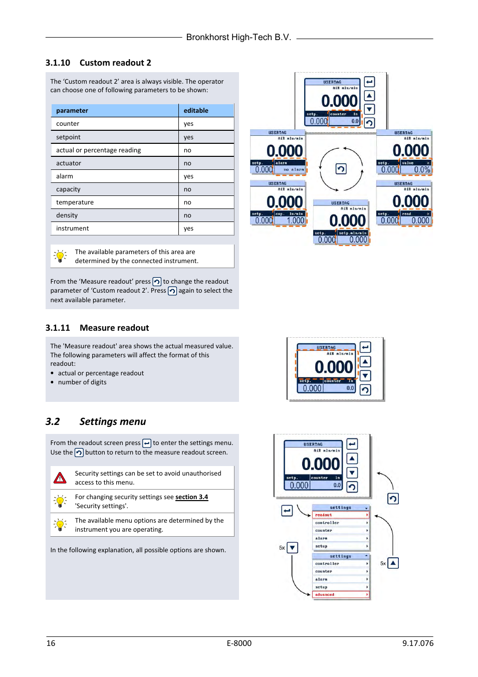 10 custom readout 2, 11 measure readout, 2 settings menu | Custom readout 2, Measure readout, Settings menu | Bronkhorst E-8000 User Manual | Page 16 / 44