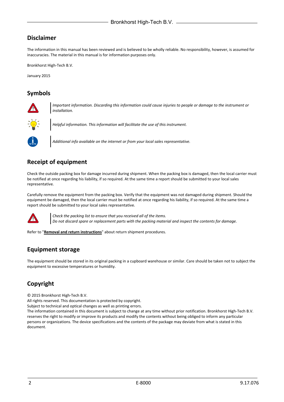 Disclaimer, Symbols, Receipt of equipment | Equipment storage, Copyright | Bronkhorst E-8000 User Manual | Page 2 / 44
