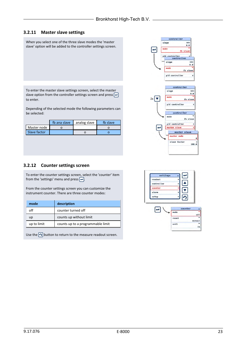 11 master slave settings, 12 counter settings screen, Master slave settings | Counter settings screen | Bronkhorst E-8000 User Manual | Page 23 / 44