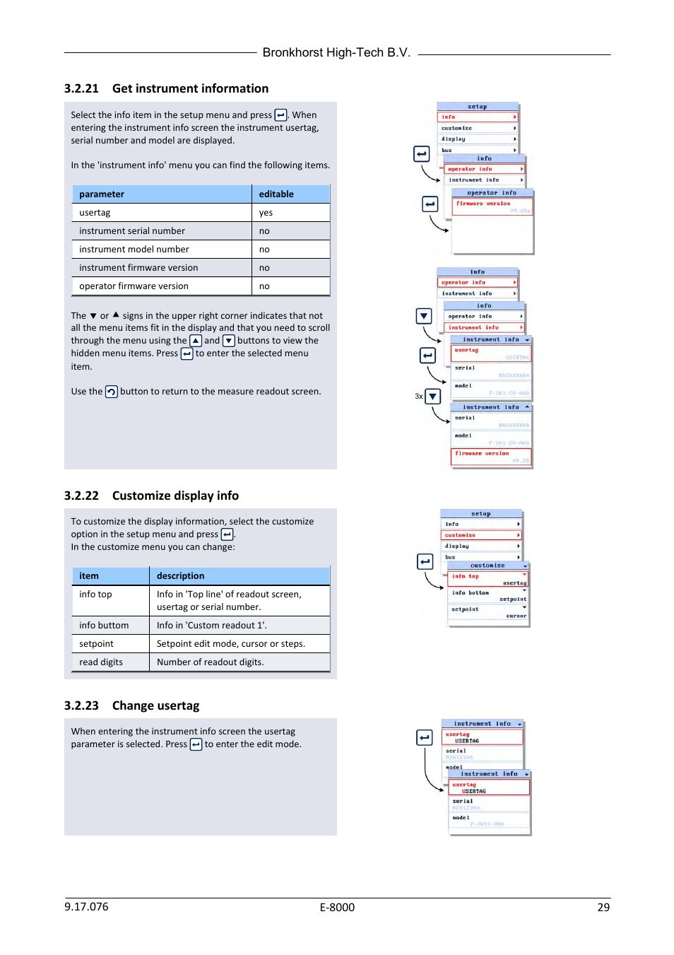 21 get instrument information, 22 customize display info, 23 change usertag | Get instrument information, Customize display info, Change usertag, Section 3.2.21, Section 3.2.22 | Bronkhorst E-8000 User Manual | Page 29 / 44