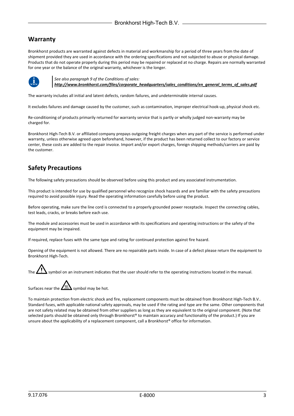 Warranty, Safety precautions | Bronkhorst E-8000 User Manual | Page 3 / 44