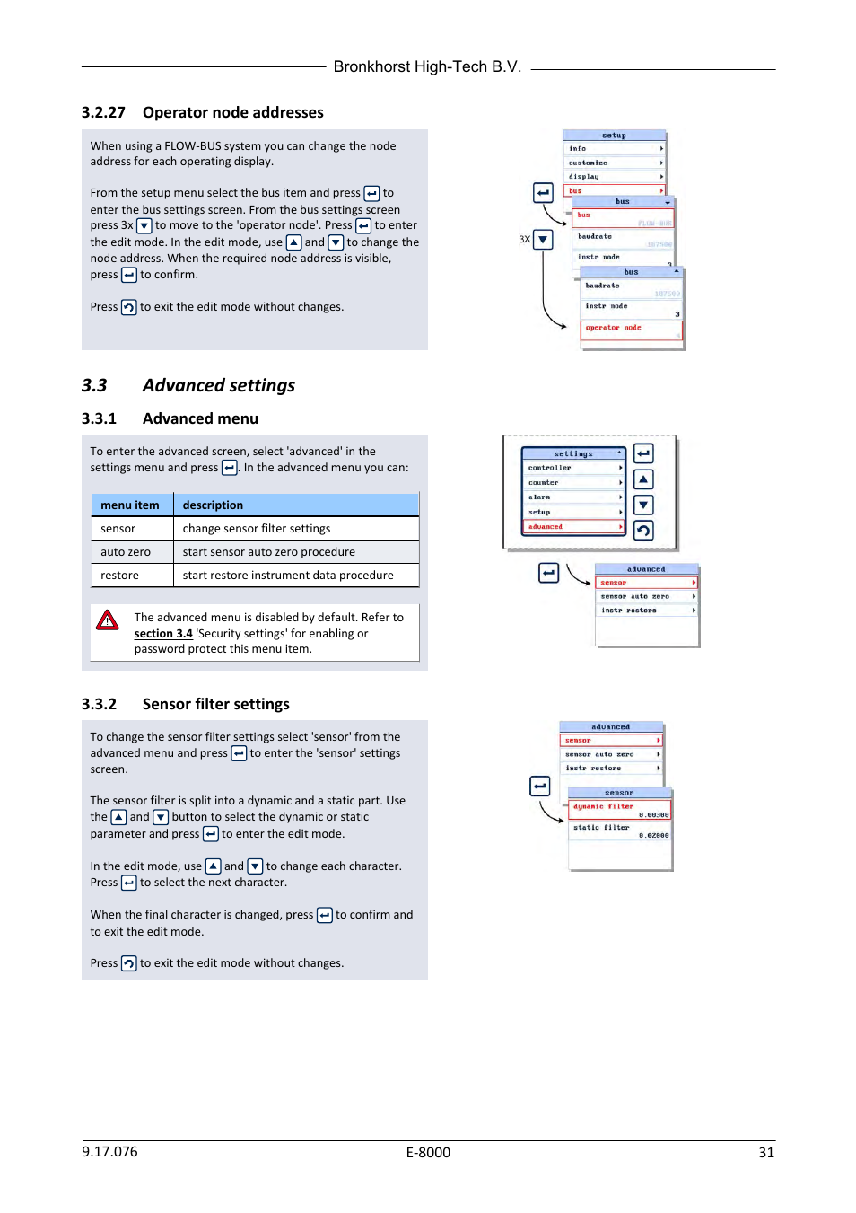 27 operator node addresses, 3 advanced settings, 1 advanced menu | 2 sensor filter settings, Operator node addresses, Advanced settings, Advanced menu, Sensor filter settings | Bronkhorst E-8000 User Manual | Page 31 / 44