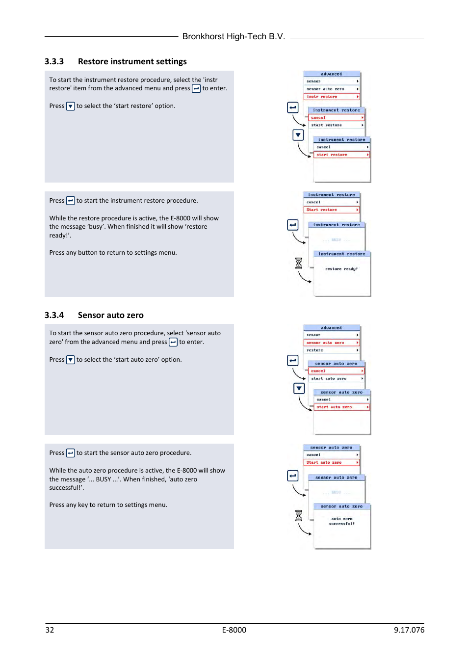 3 restore instrument settings, 4 sensor auto zero, Restore instrument settings | Sensor auto zero | Bronkhorst E-8000 User Manual | Page 32 / 44