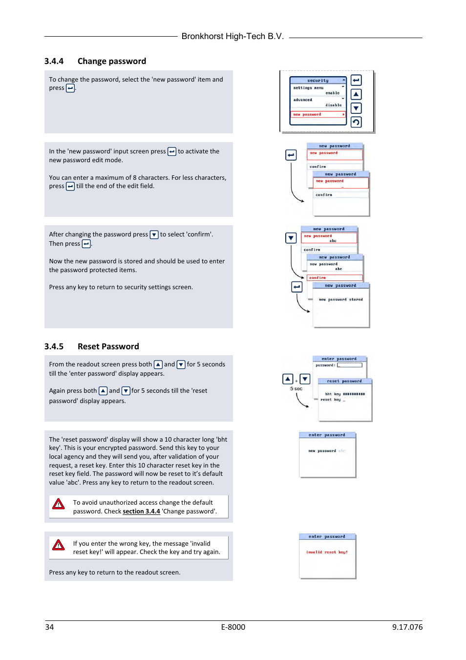 4 change password, 5 reset password, Change password | Reset password | Bronkhorst E-8000 User Manual | Page 34 / 44