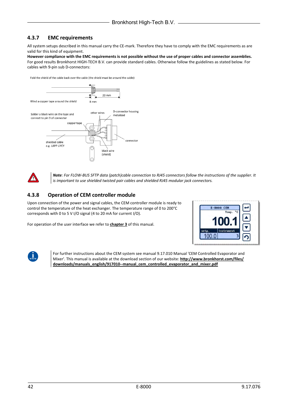 7 emc requirements, 8 operation of cem controller module, Emc requirements | Operation of cem controller module | Bronkhorst E-8000 User Manual | Page 42 / 44