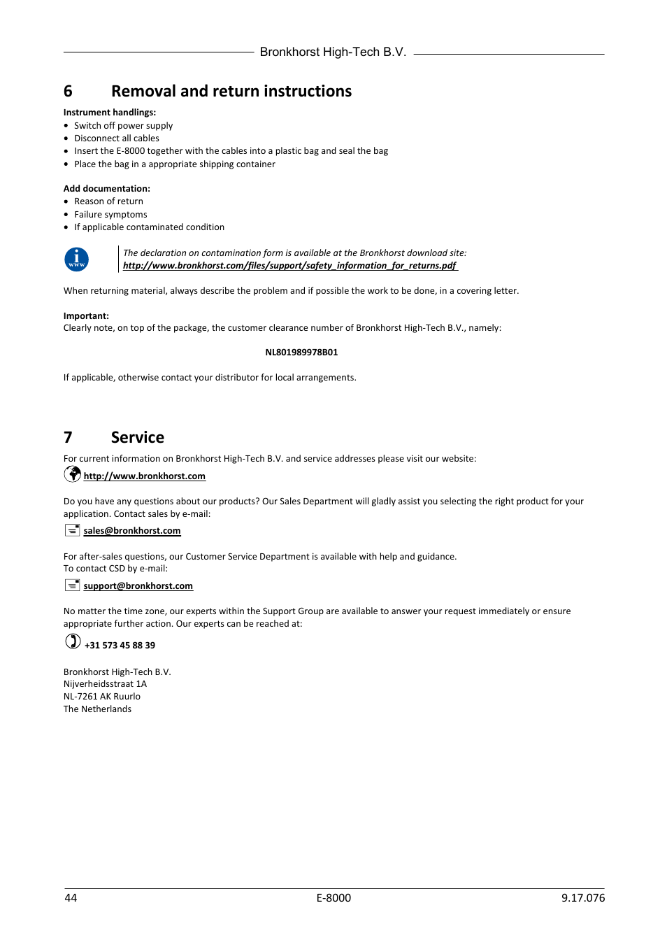 6 removal and return instructions, 7 service, Removal and return instructions | Service, 6removal and return instructions, 7service | Bronkhorst E-8000 User Manual | Page 44 / 44