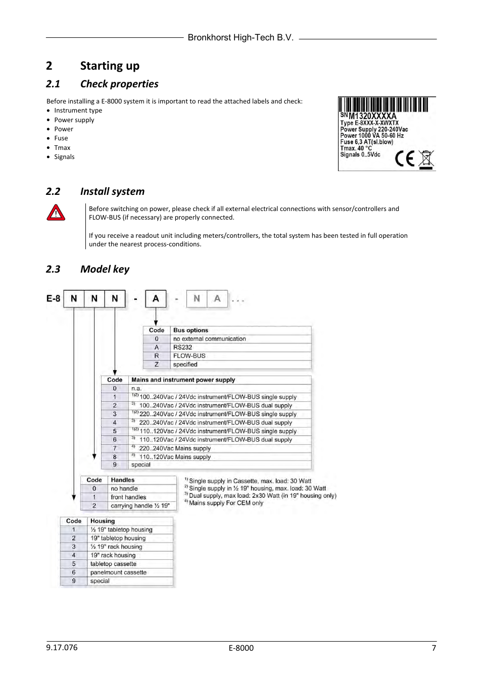 2 starting up, 1 check properties, 2 install system | 3 model key, Starting up, Check properties, Install system, Model key, 2starting up | Bronkhorst E-8000 User Manual | Page 7 / 44