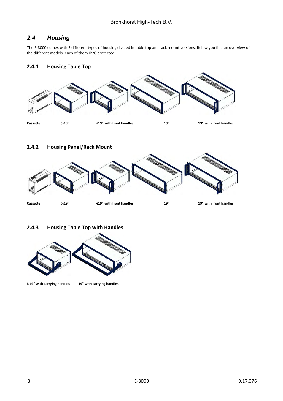 4 housing, 1 housing table top, 2 housing panel/rack mount | 3 housing table top with handles, Housing, Housing table top, Housing panel/rack mount, Housing table top with handles | Bronkhorst E-8000 User Manual | Page 8 / 44